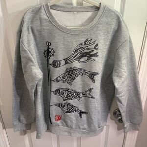 Vintage Japanese Gray Fish Art Print Sweatshirt XL
